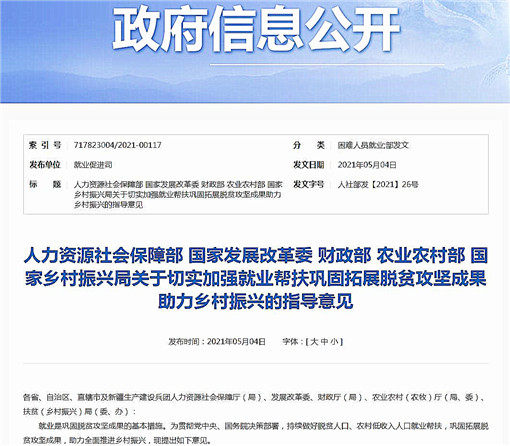 关于切实加强就业帮扶巩固拓展脱贫攻坚成果助力乡村振兴的指导意见-官网截图